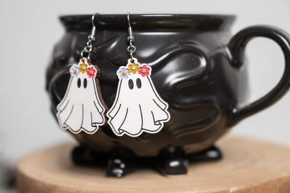 Groovy Ghost Earrings - Ghost with Flower Crown - Groovy Halloween Earrings