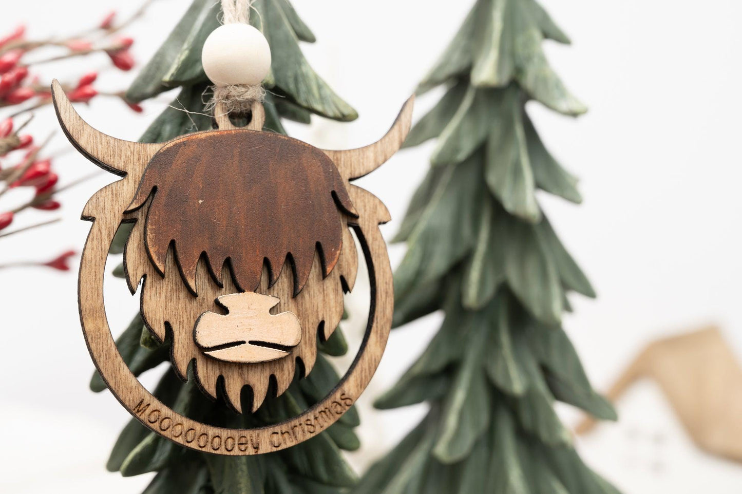 Set of Personalized Highland Cow Christmas Ornament: Laser Cut Wooden Farmhouse Decor