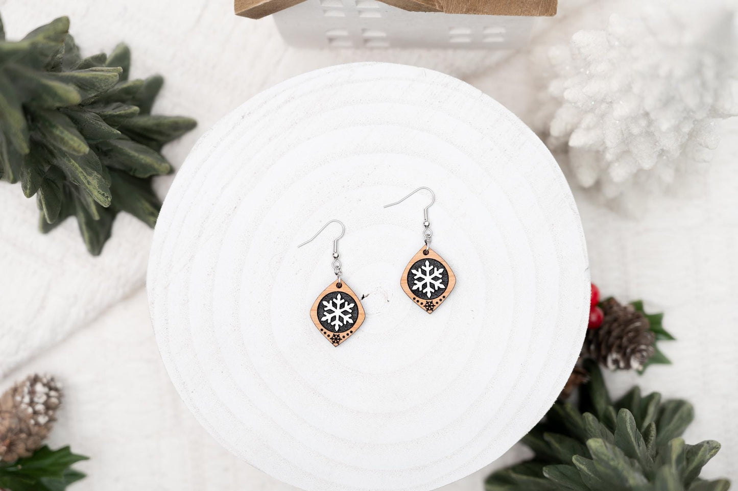 Cute Snowflake Earrings - Wooden Snowflake Earrings - Christmas Dangle Earrings