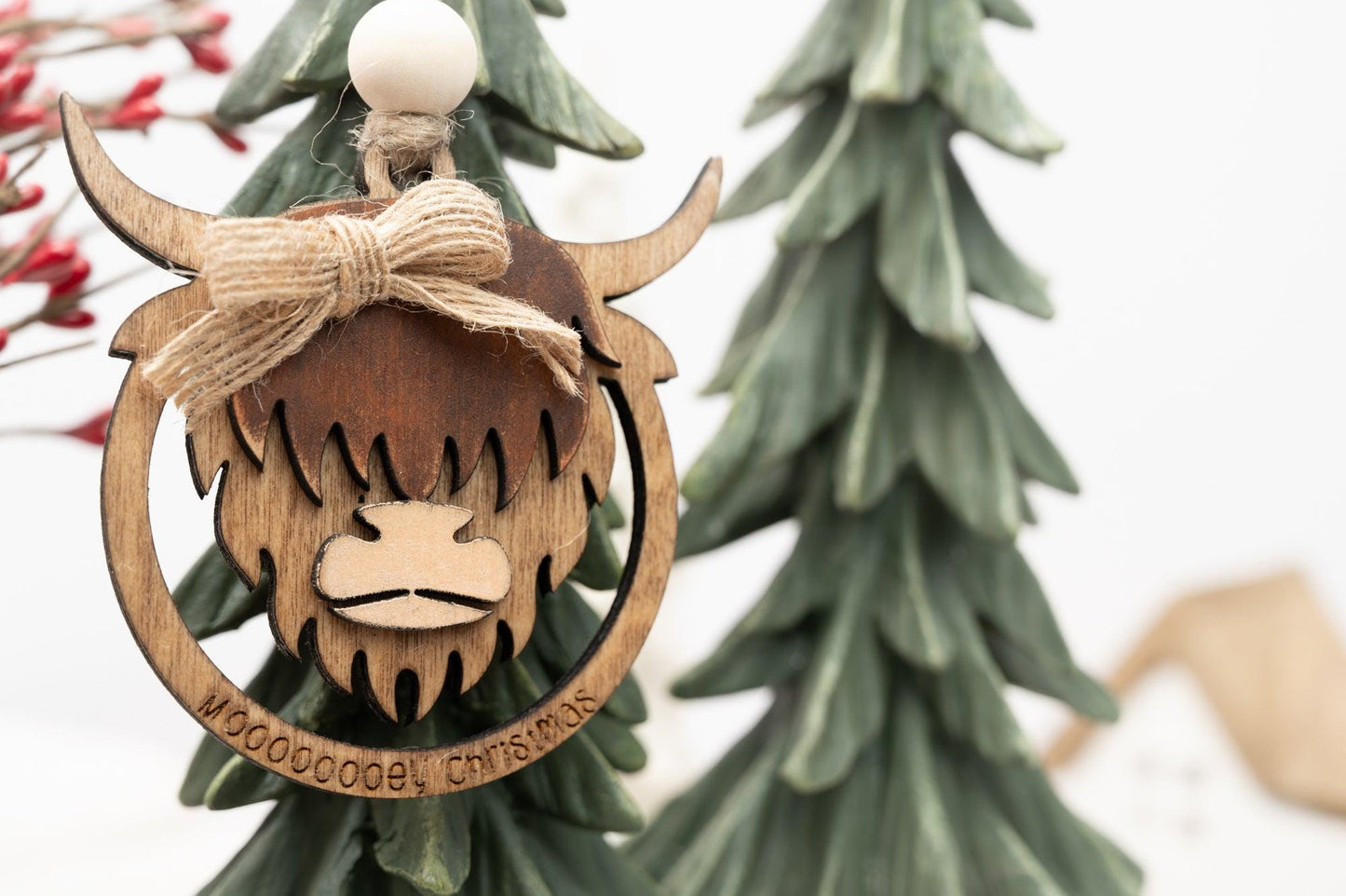 Set of Personalized Highland Cow Christmas Ornament: Laser Cut Wooden Farmhouse Decor