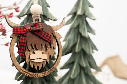 Set of Personalized Highland Cow Christmas Ornament: Laser Cut Wooden Farmhouse Decor