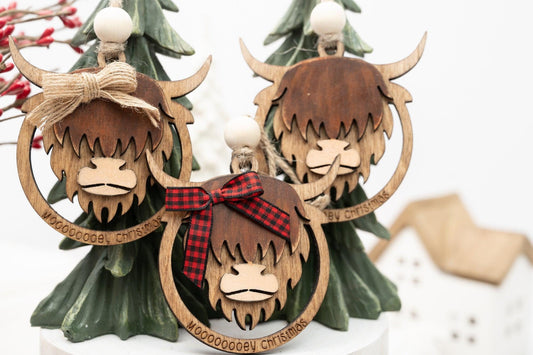 Set of Personalized Highland Cow Christmas Ornament: Laser Cut Wooden Farmhouse Decor