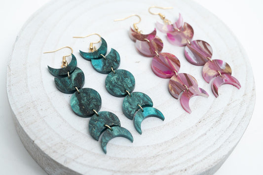 Celestial Moon Phase Earrings Acrylic Dangle Moon Earrings Sparkly Teal Statement Earrings Pink Gift for her Unique Celestial Earrings