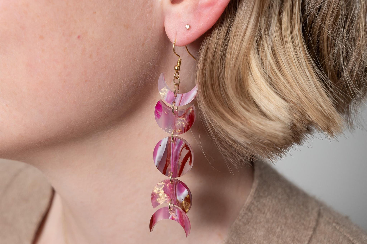 Celestial Moon Phase Earrings Acrylic Dangle Moon Earrings Sparkly Teal Statement Earrings Pink Gift for her Unique Celestial Earrings