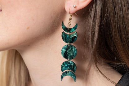 Celestial Moon Phase Earrings Acrylic Dangle Moon Earrings Sparkly Teal Statement Earrings Pink Gift for her Unique Celestial Earrings
