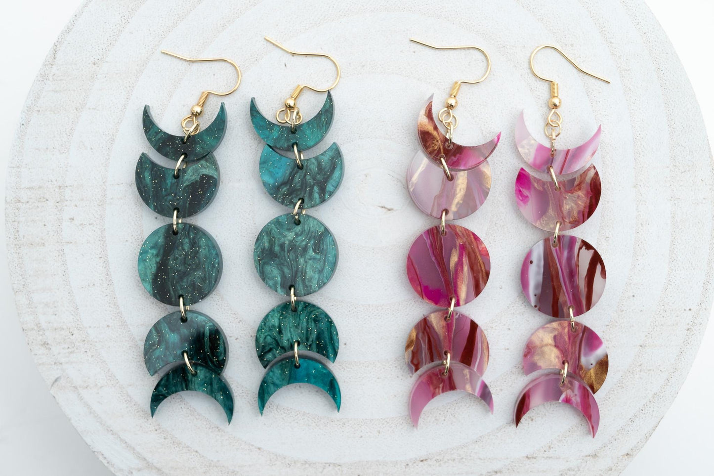 Celestial Moon Phase Earrings Acrylic Dangle Moon Earrings Sparkly Teal Statement Earrings Pink Gift for her Unique Celestial Earrings