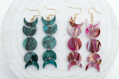 Celestial Moon Phase Earrings Acrylic Dangle Moon Earrings Sparkly Teal Statement Earrings Pink Gift for her Unique Celestial Earrings
