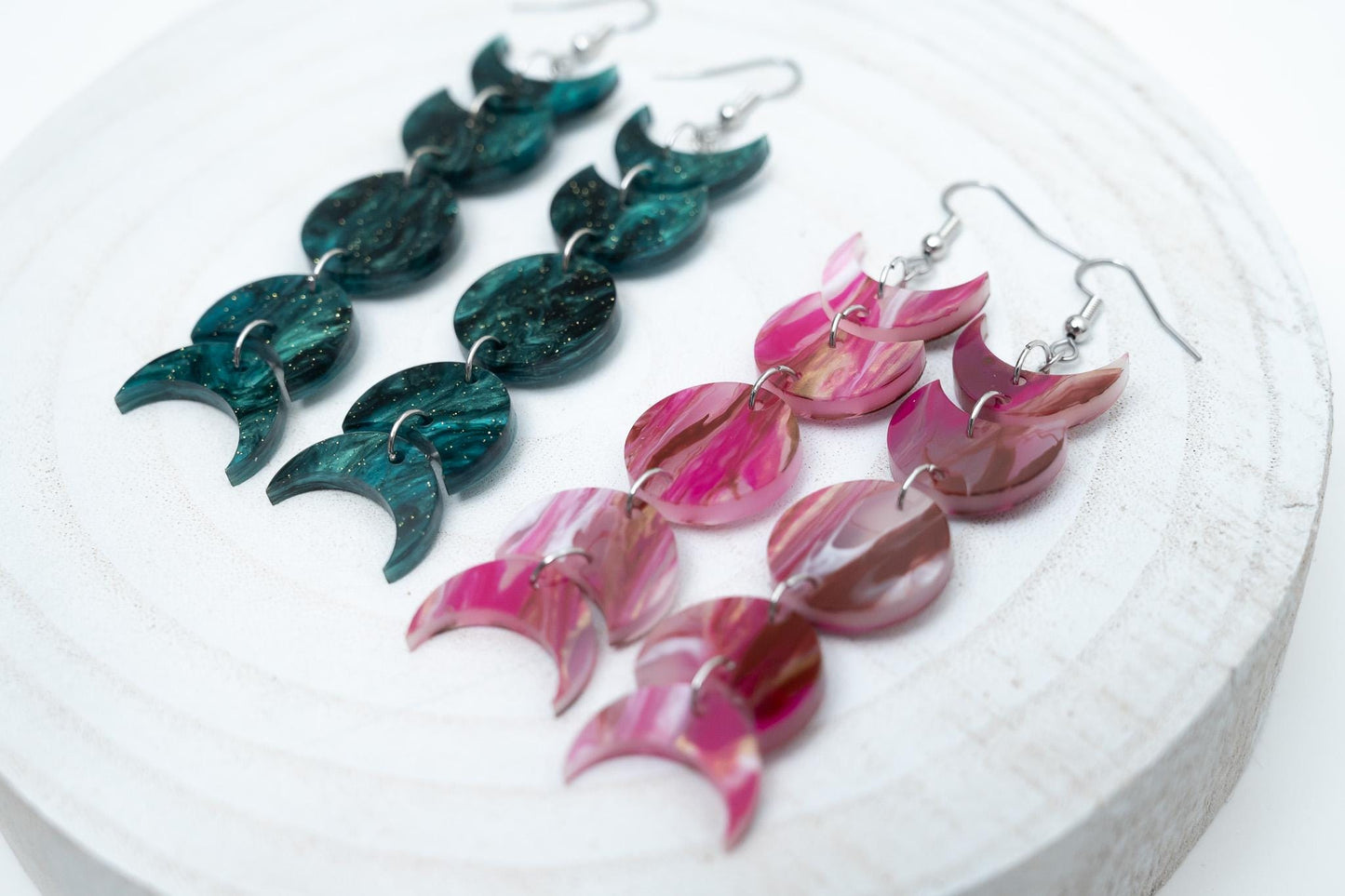 Celestial Moon Phase Earrings Acrylic Dangle Moon Earrings Sparkly Teal Statement Earrings Pink Gift for her Unique Celestial Earrings