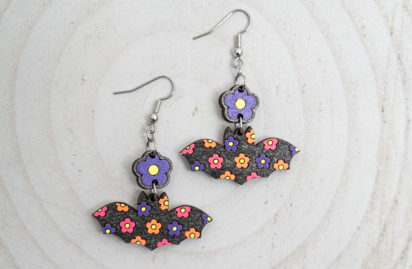 Retro Bat Earrings: Groovy Neon Flower Design, Lightweight Maple Wood