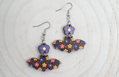Retro Bat Earrings: Groovy Neon Flower Design, Lightweight Maple Wood