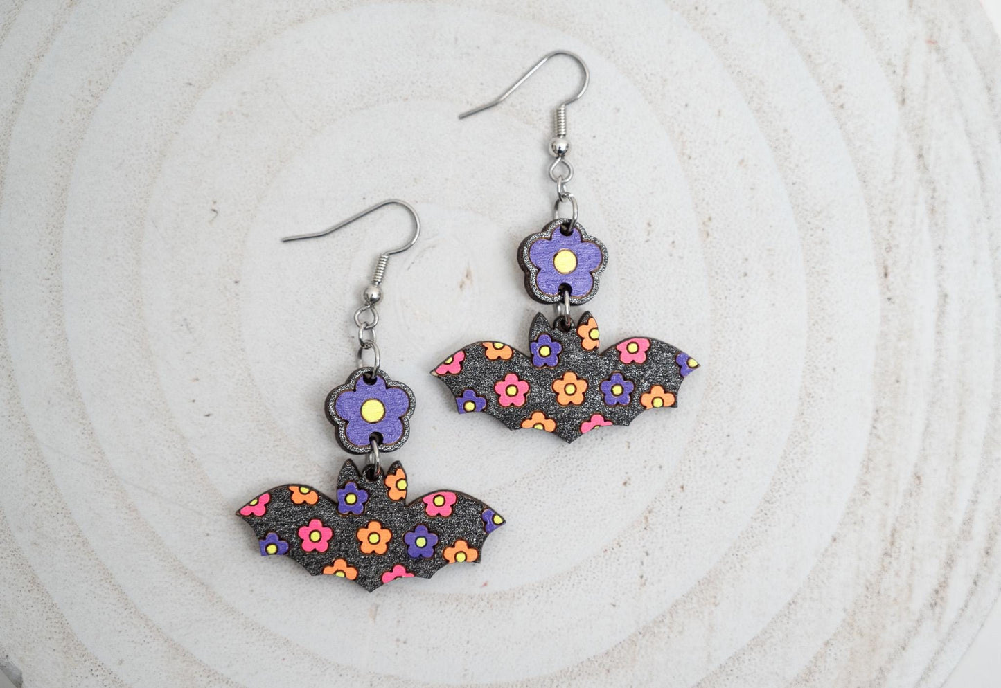 Retro Bat Earrings: Groovy Neon Flower Design, Lightweight Maple Wood