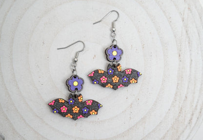 Retro Bat Earrings: Groovy Neon Flower Design, Lightweight Maple Wood