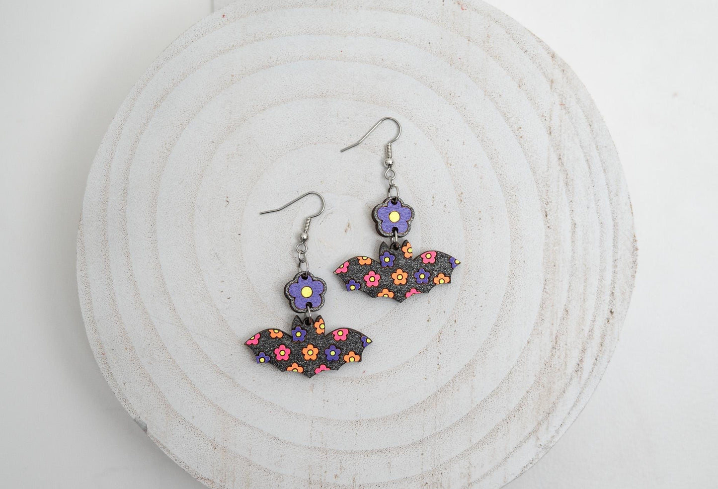 Retro Bat Earrings: Groovy Neon Flower Design, Lightweight Maple Wood