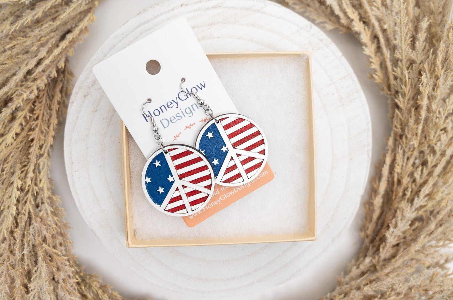 American Flag Peace Sign Earrings: Hand-Painted Wood Patriotic Jewelry