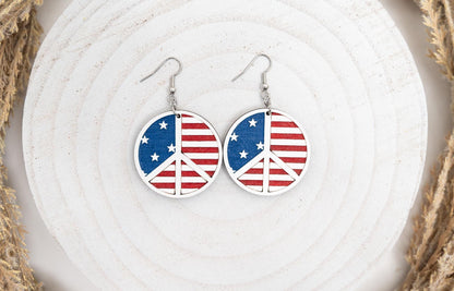 American Flag Peace Sign Earrings: Hand-Painted Wood Patriotic Jewelry