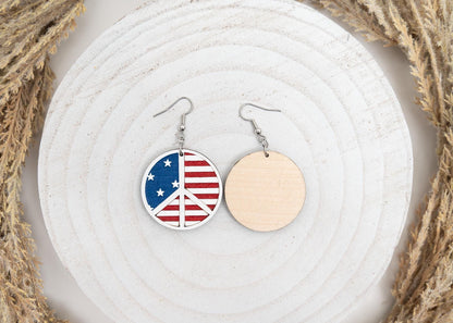 American Flag Peace Sign Earrings: Hand-Painted Wood Patriotic Jewelry