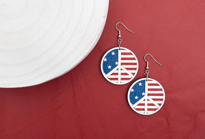 American Flag Peace Sign Earrings: Hand-Painted Wood Patriotic Jewelry