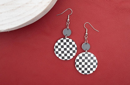 Black & White Checkered Horseshoe Earrings: Boho Acrylic Dangles