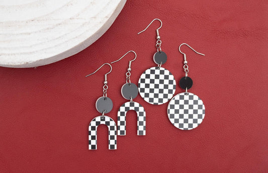 Black & White Checkered Horseshoe Earrings: Boho Acrylic Dangles