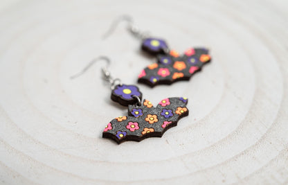 Retro Bat Earrings: Groovy Neon Flower Design, Lightweight Maple Wood