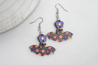Retro Bat Earrings: Groovy Neon Flower Design, Lightweight Maple Wood