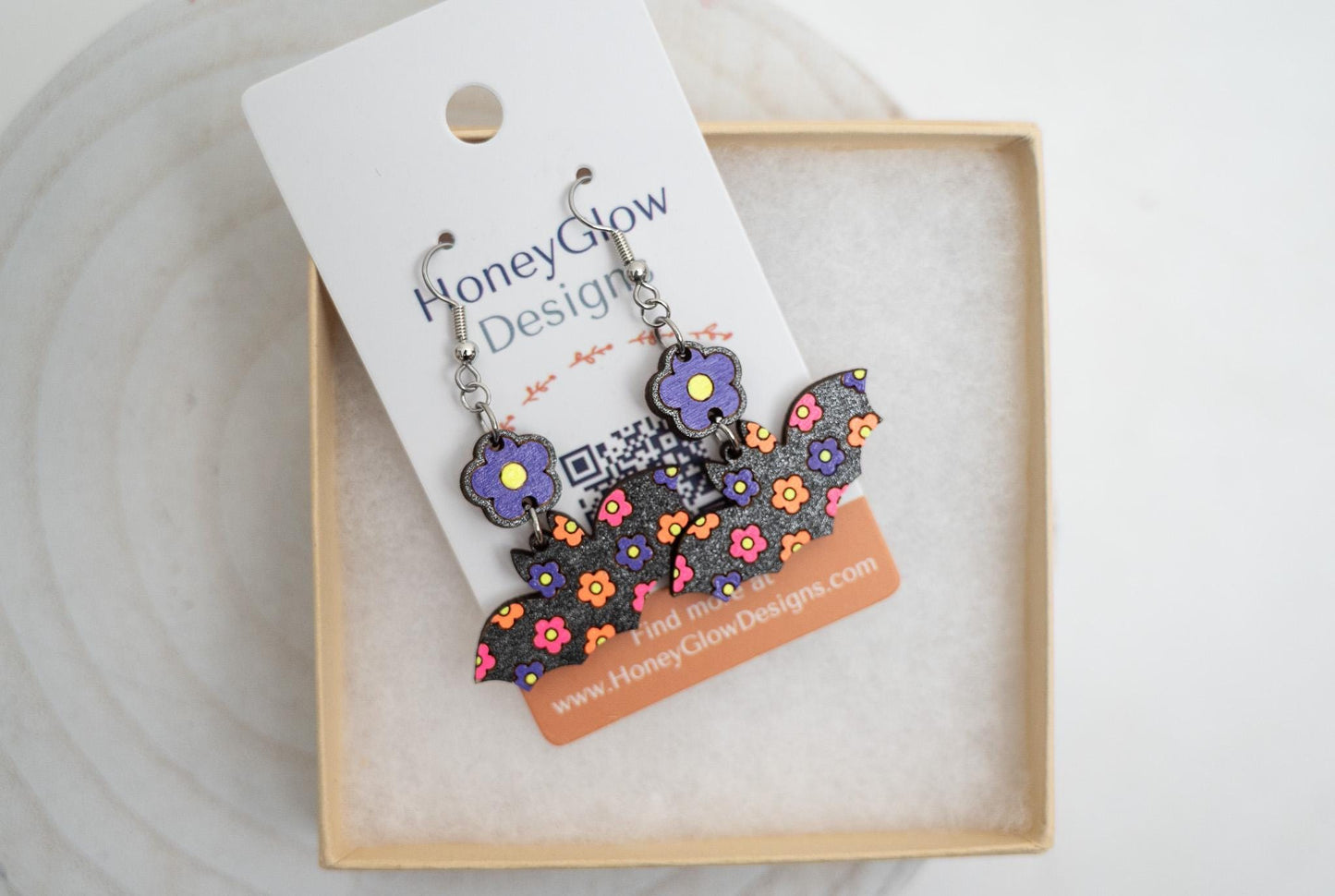 Retro Bat Earrings: Groovy Neon Flower Design, Lightweight Maple Wood