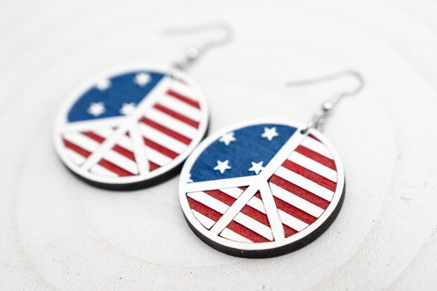 American Flag Peace Sign Earrings: Hand-Painted Wood Patriotic Jewelry