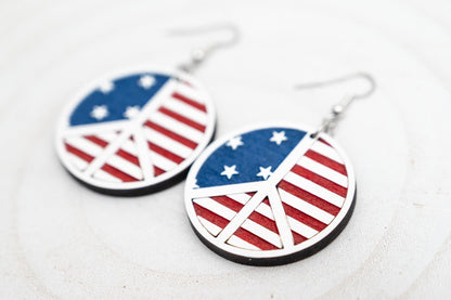 American Flag Peace Sign Earrings: Hand-Painted Wood Patriotic Jewelry