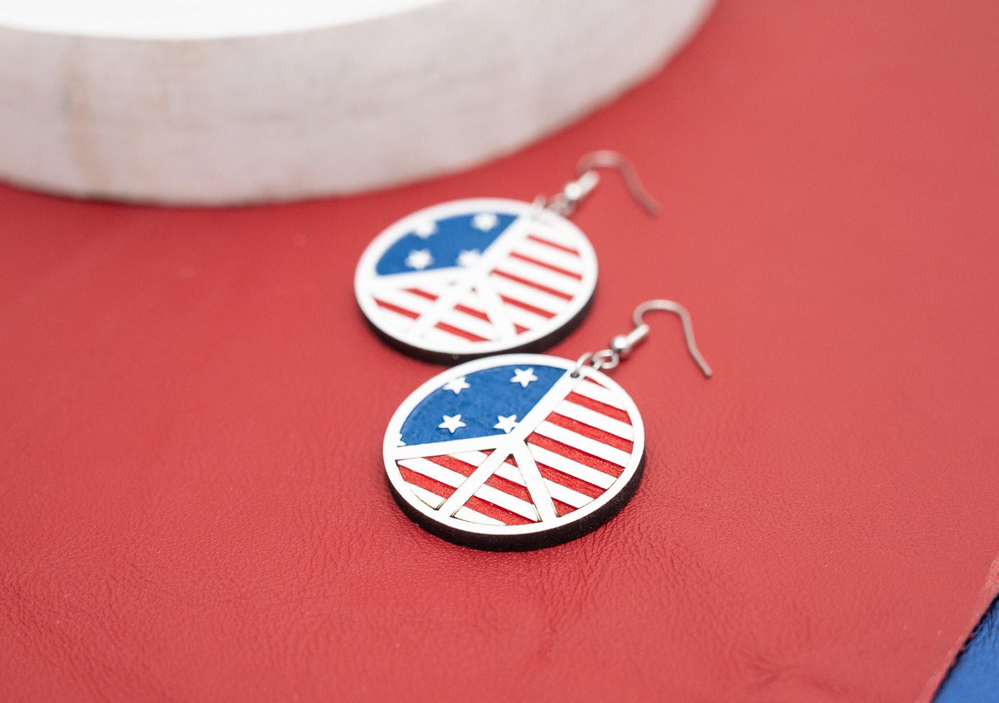 American Flag Peace Sign Earrings: Hand-Painted Wood Patriotic Jewelry
