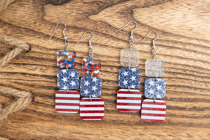 Patriotic Glitter Acrylic Dangle Earrings: Stars & Stripes 4th of July