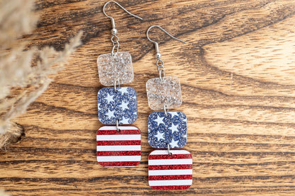 Patriotic Glitter Acrylic Dangle Earrings: Stars & Stripes 4th of July