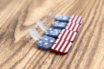 Patriotic Glitter Acrylic Dangle Earrings: Stars & Stripes 4th of July