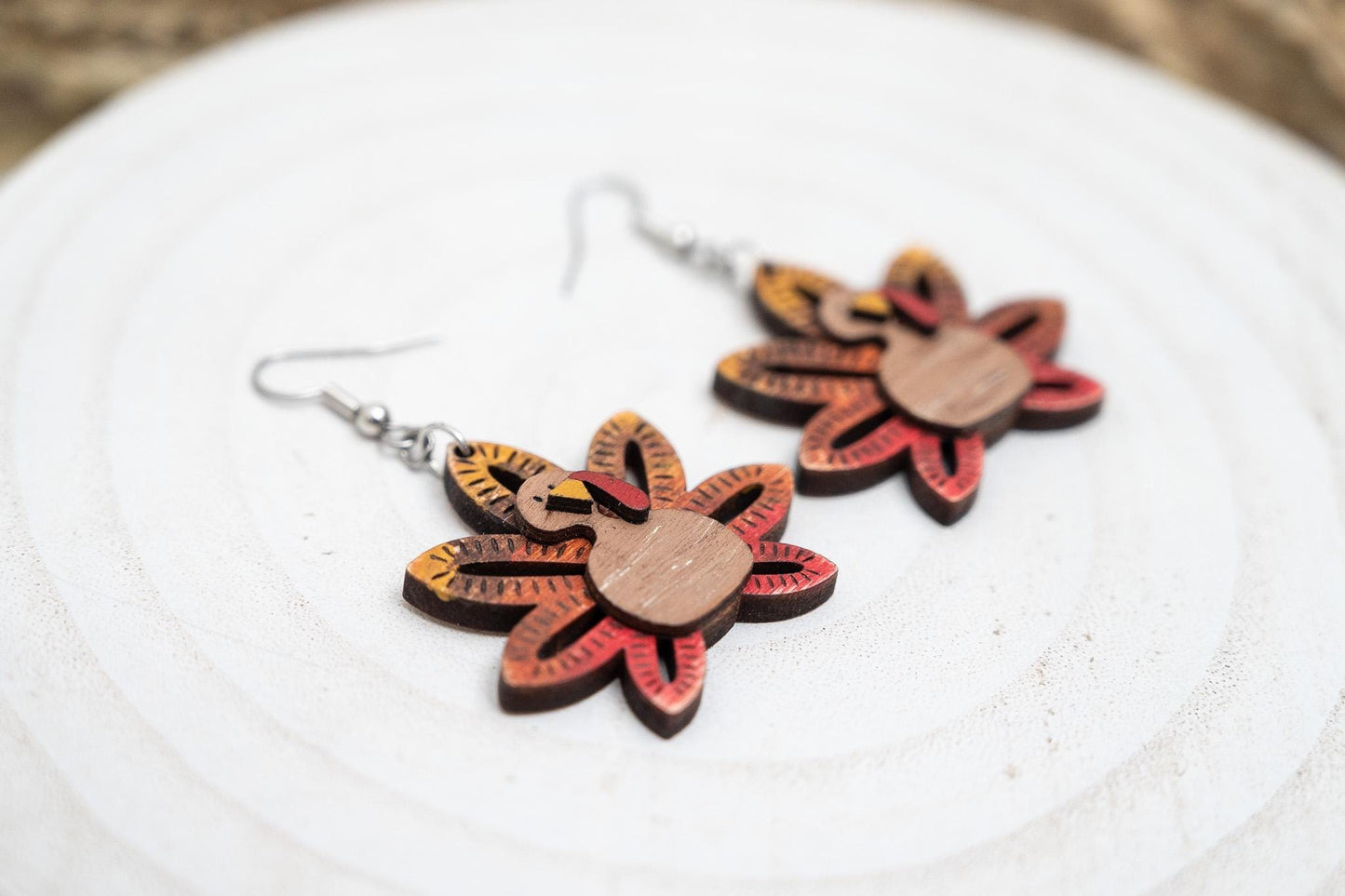 3D Maple Wood Turkey Earrings: Thanksgiving Fall Jewelry