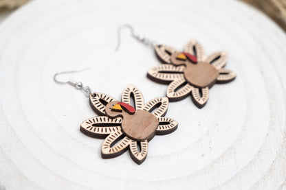 3D Maple Wood Turkey Earrings: Thanksgiving Fall Jewelry