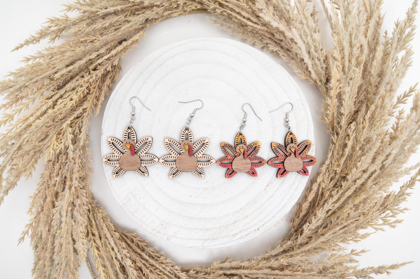 3D Maple Wood Turkey Earrings: Thanksgiving Fall Jewelry