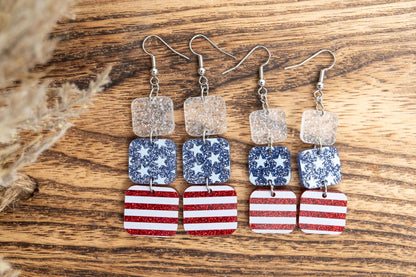 Patriotic Glitter Acrylic Dangle Earrings: Stars & Stripes 4th of July