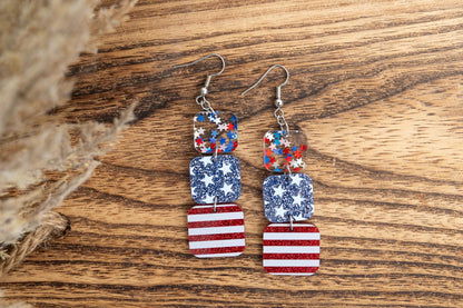 Patriotic Glitter Acrylic Dangle Earrings: Stars & Stripes 4th of July