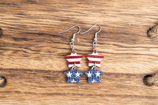 4th of July Star Earrings: Red White Blue Acrylic, Surgical Steel