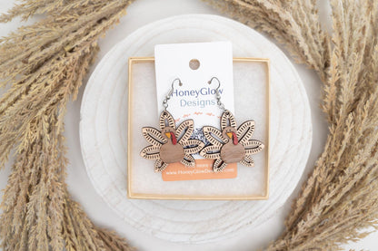 3D Maple Wood Turkey Earrings: Thanksgiving Fall Jewelry