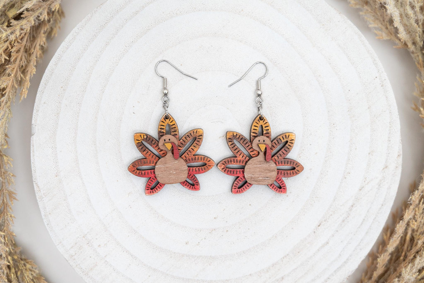 3D Maple Wood Turkey Earrings: Thanksgiving Fall Jewelry