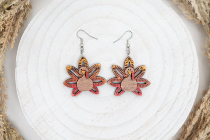 3D Maple Wood Turkey Earrings: Thanksgiving Fall Jewelry