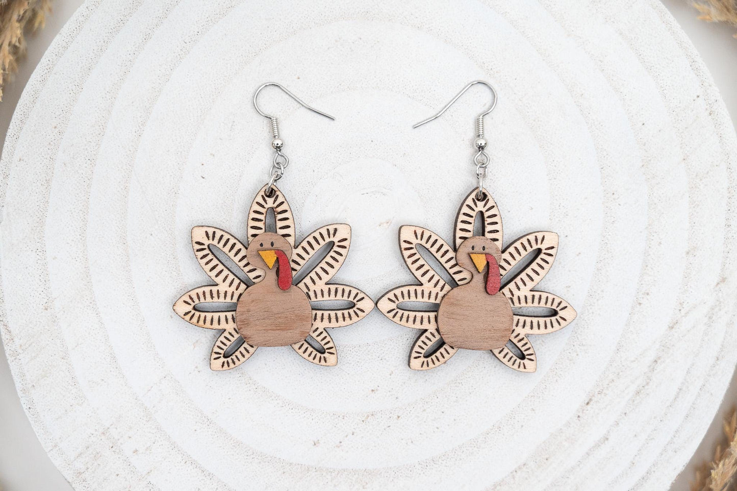 3D Maple Wood Turkey Earrings: Thanksgiving Fall Jewelry