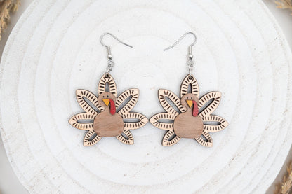 3D Maple Wood Turkey Earrings: Thanksgiving Fall Jewelry