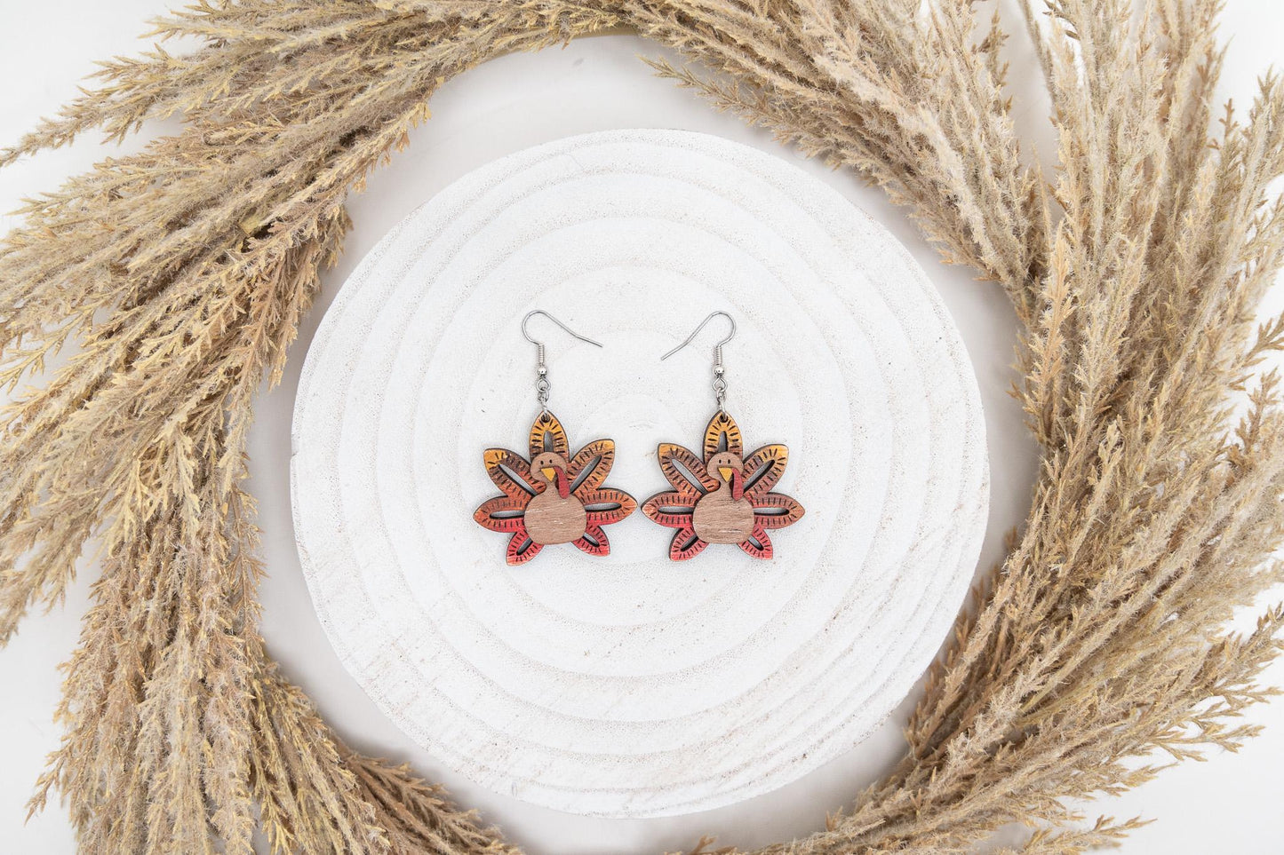 3D Maple Wood Turkey Earrings: Thanksgiving Fall Jewelry