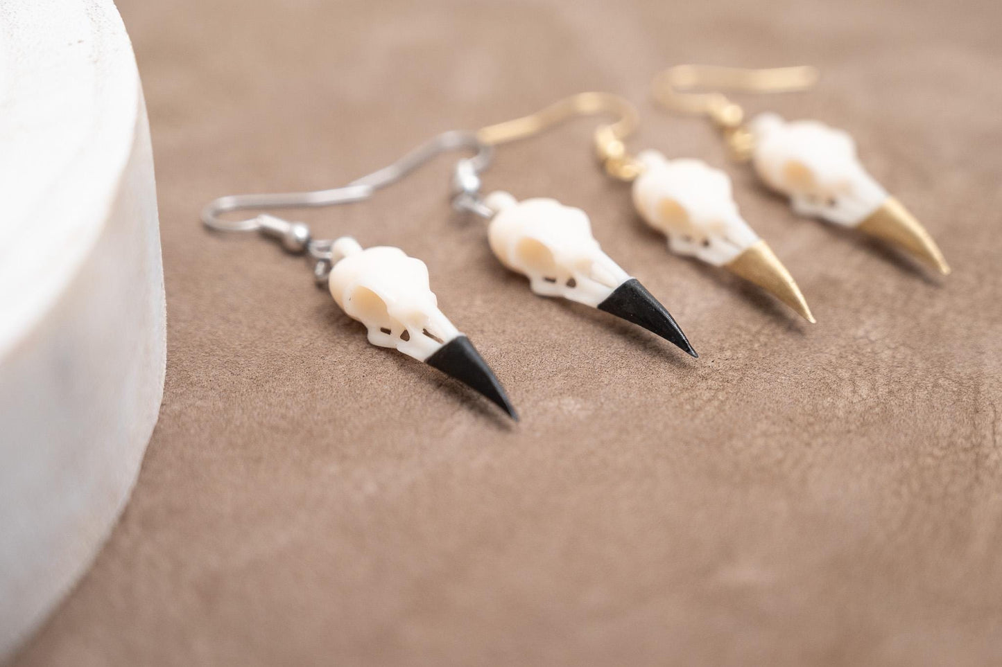 Resin Raven Skull Earrings: Hand-Painted Beaks, Surgical Steel Hooks
