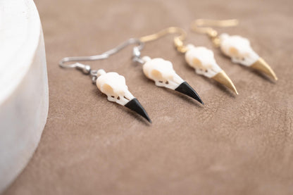 Resin Raven Skull Earrings: Hand-Painted Beaks, Surgical Steel Hooks