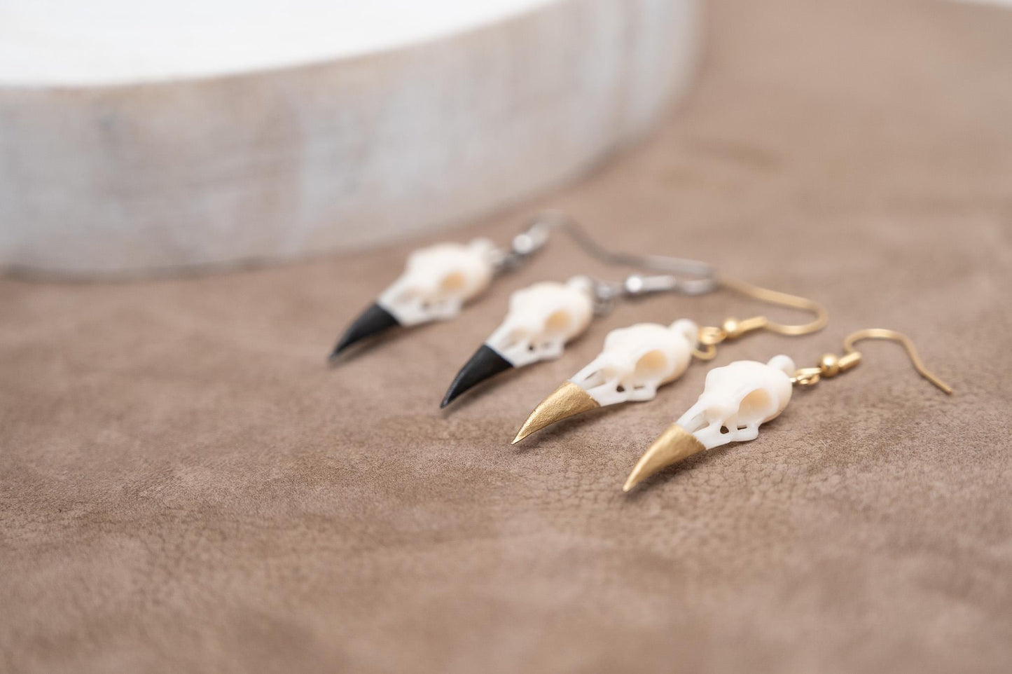 Resin Raven Skull Earrings: Hand-Painted Beaks, Surgical Steel Hooks