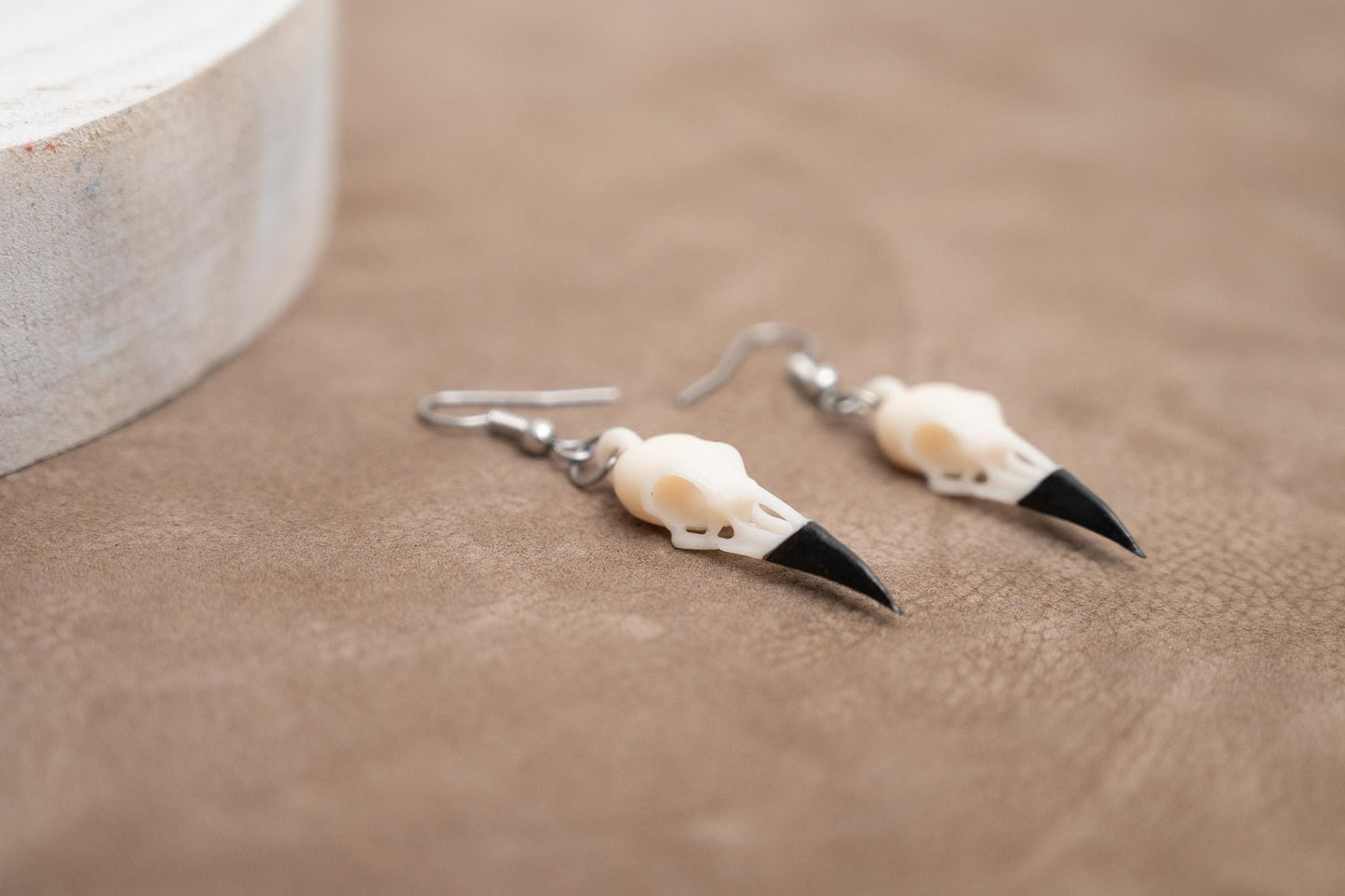 Resin Raven Skull Earrings: Hand-Painted Beaks, Surgical Steel Hooks