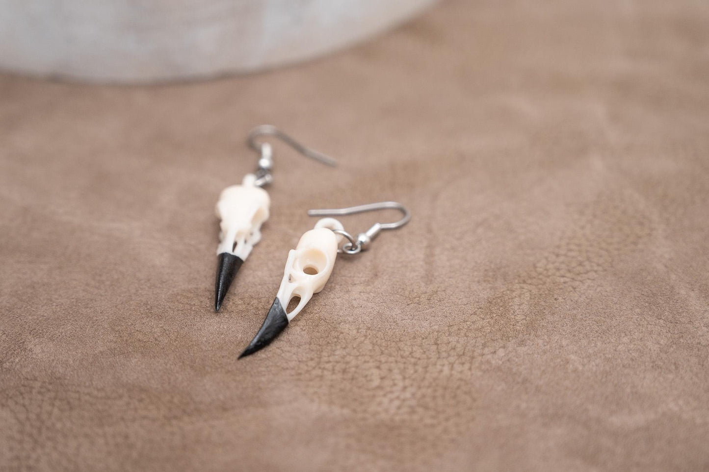 Resin Raven Skull Earrings: Hand-Painted Beaks, Surgical Steel Hooks