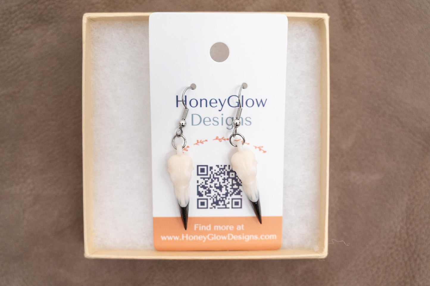 Resin Raven Skull Earrings: Hand-Painted Beaks, Surgical Steel Hooks